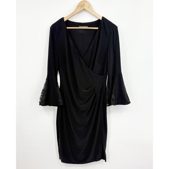 Lauren Ralph Lauren Dress 10 Jersey Bell Sleeve Stretch Romantic Lace Siren - Picture 1 of 9